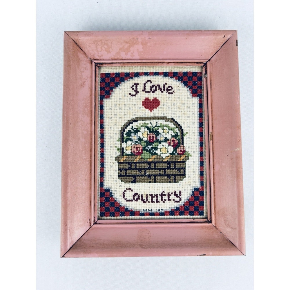 Finished Framed Cross Stitch 'I Love Country' Floral Sampler Rustic Vintage